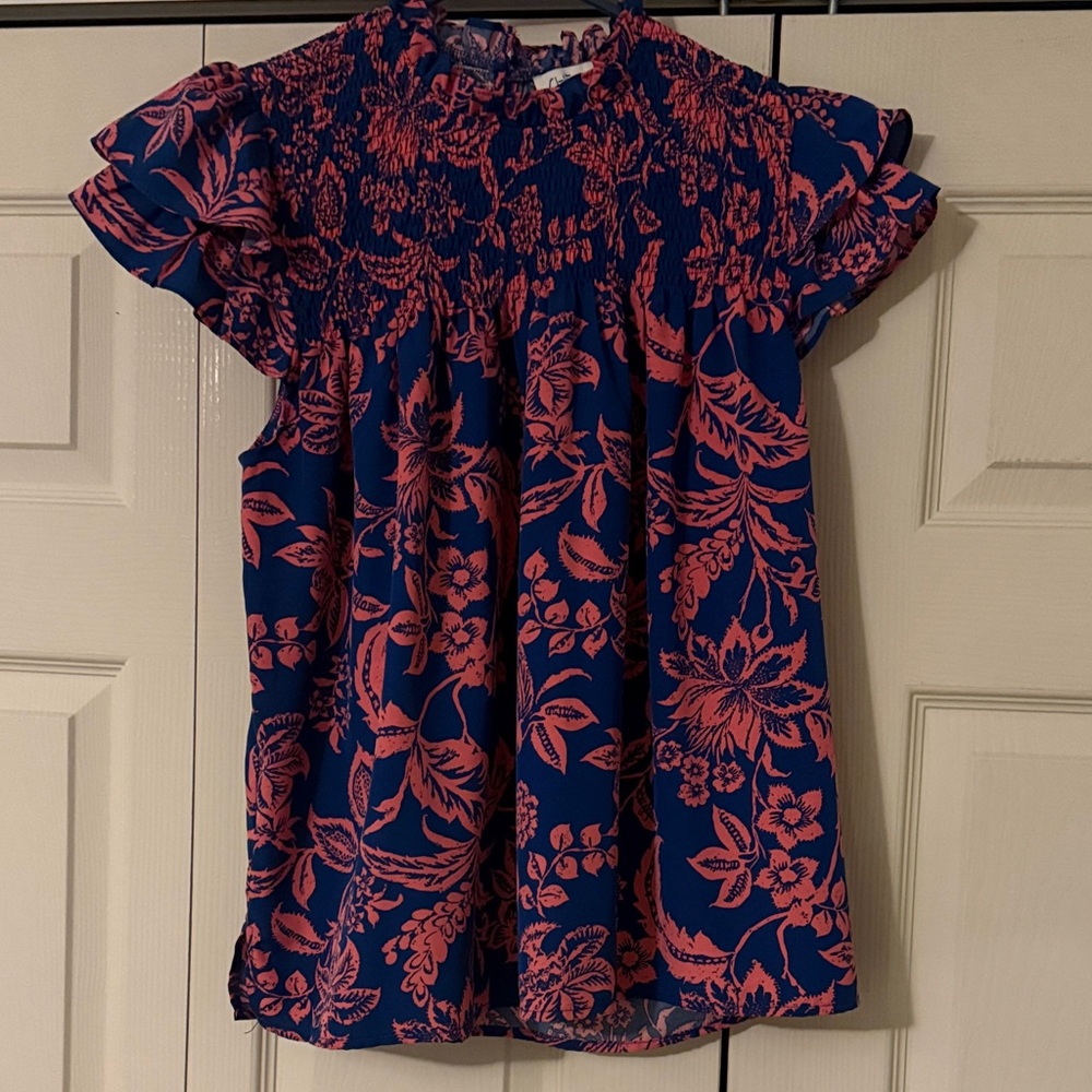 She + Sky Navy and Coral Floral Top